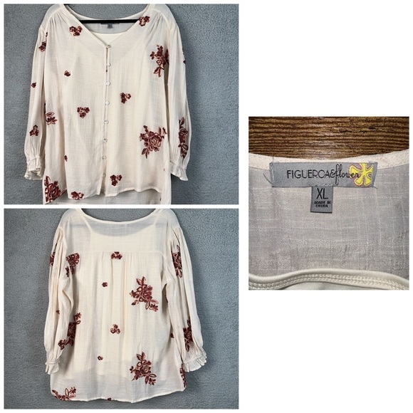 Figueroa & Flower Top Women XL Cream Floral Embroidered Country Boho Feminine - Picture 1 of 10